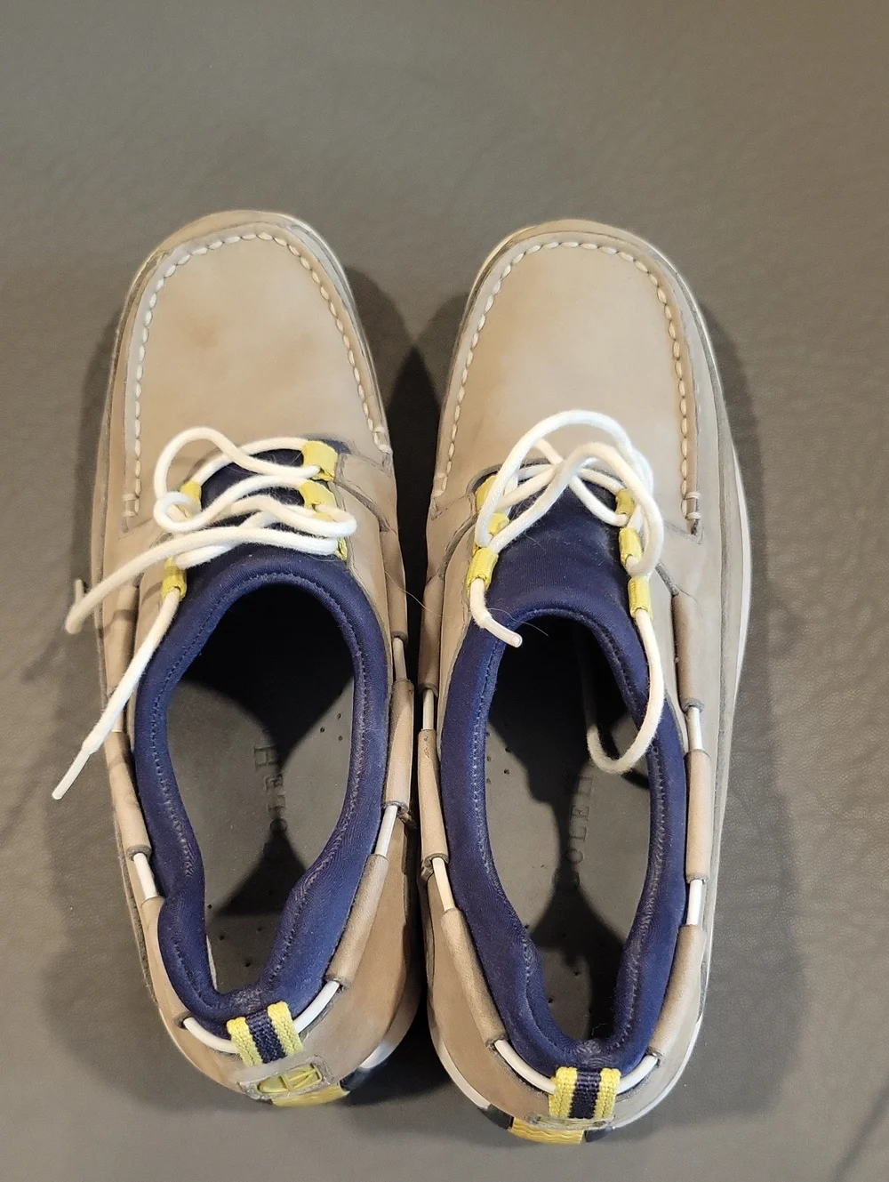Cole Haan Beige Boat Shoes with Navy and Yellow Accents